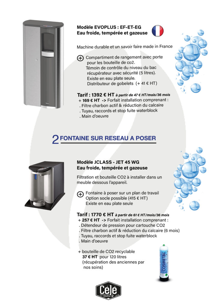 2 fontaine sur reseau avec filtration eau plate eau gazeuse eau qualité installation nettoyage location bureau public