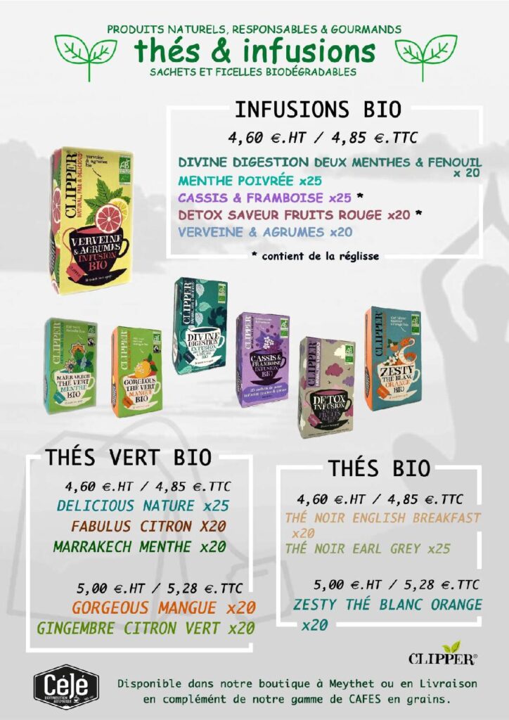 TH2 ET INFUSION BIO CLIPPER DETOX MENTHE POIVREE CASSIS FRAMBOISE AGRUME VERVEINE THE BLANC NOIR VERTMANGUE CITRON VERT EARL GREY